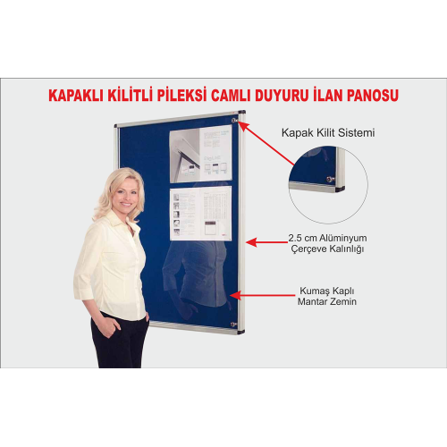 9 A4 70x100 cm Camlı İlan Panosu Kapaklı Kilitli